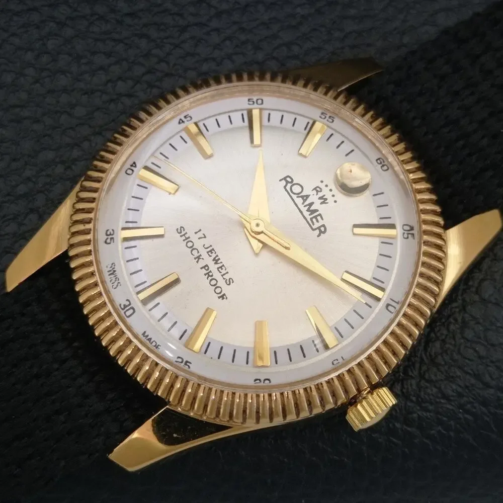 Vintage 1976 Roamer Manual Mens Gold Watch W/Nato Strap & White accents